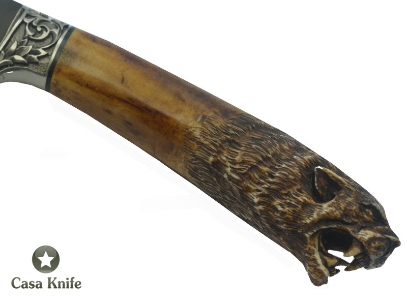 Faca Gaucha para colecionador forjado em aço Go Mai, 3 barras em aço carbono 6160 e 2 em aço inox 420. Empunhadura em Chifre de Cervo esculpido, 37 cm