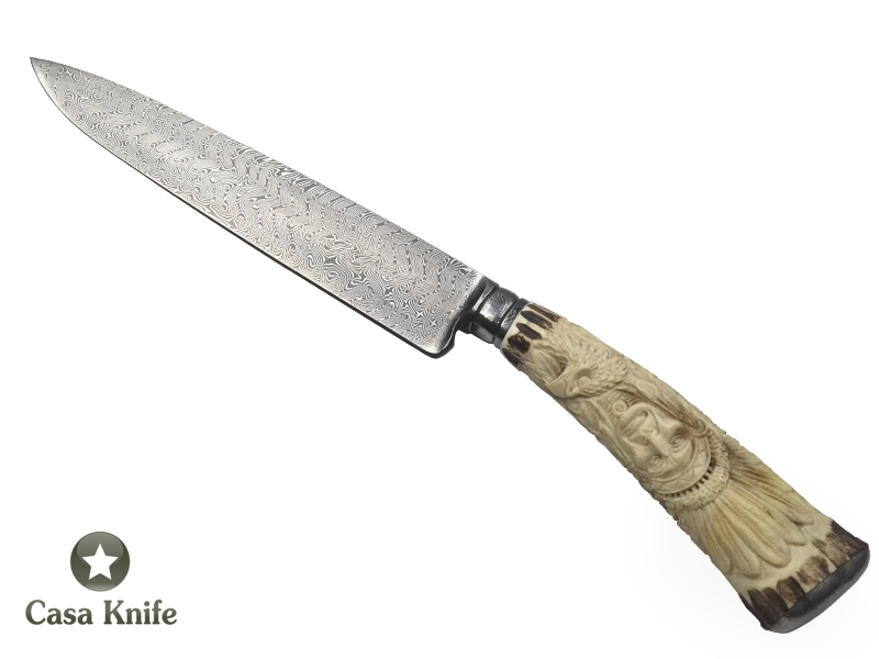 Faca Gaúcha Monte Cristo para colecionador forjado em damasco turco integral, Empunhadura em Chifre de Cervo esculpido, 38 cm