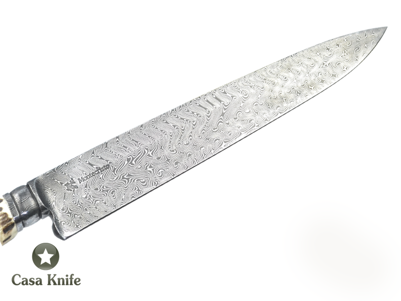 Faca Gaúcha Monte Cristo para colecionador forjado em damasco turco integral, Empunhadura em Chifre de Cervo esculpido, 38 cm