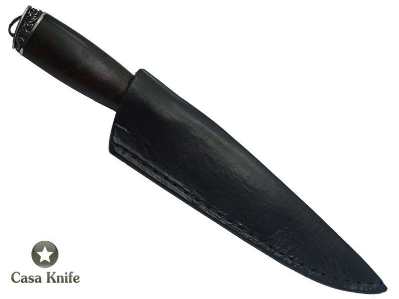 Faca para colecionador Montecristo forjado em aço Go Mai, 3 barras com aço 1070 e 2 inox 304. Empunhadura em Rádica de Roseira, 27cm