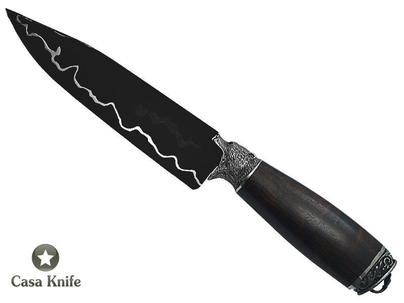 Faca para colecionador Montecristo forjado em aço Go Mai, 3 barras com aço 1070 e 2 inox 304. Empunhadura em Rádica de Roseira, 27cm