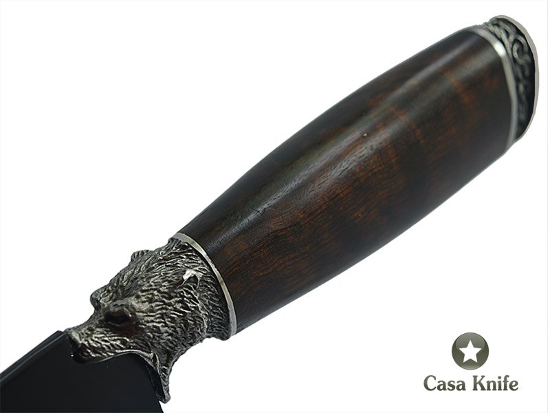 Faca para colecionador Montecristo forjado em aço Go Mai, 3 barras com aço 1070 e 2 inox 304. Empunhadura em Rádica de Roseira, 27cm