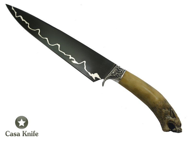 Faca Gaúcha para colecionador forjado em aço Go Mai, 3 barras com aço 1070 e 2 inox 304. Empunhadura em Chifre de Cervo esculpido, 34 cm