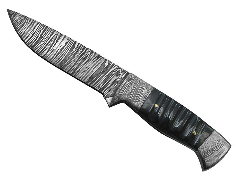 Faca hunting para colecionador em aço damasco. Empunhadura em osso de búfalo, 24 cm