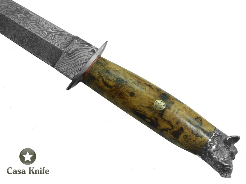 Faca Javalizeira para colecionador forjado em aço Damasco 15N20 - 1095 - 58 HCR - 288 camadas. Empunhadura em Spalted Platano, 35cm