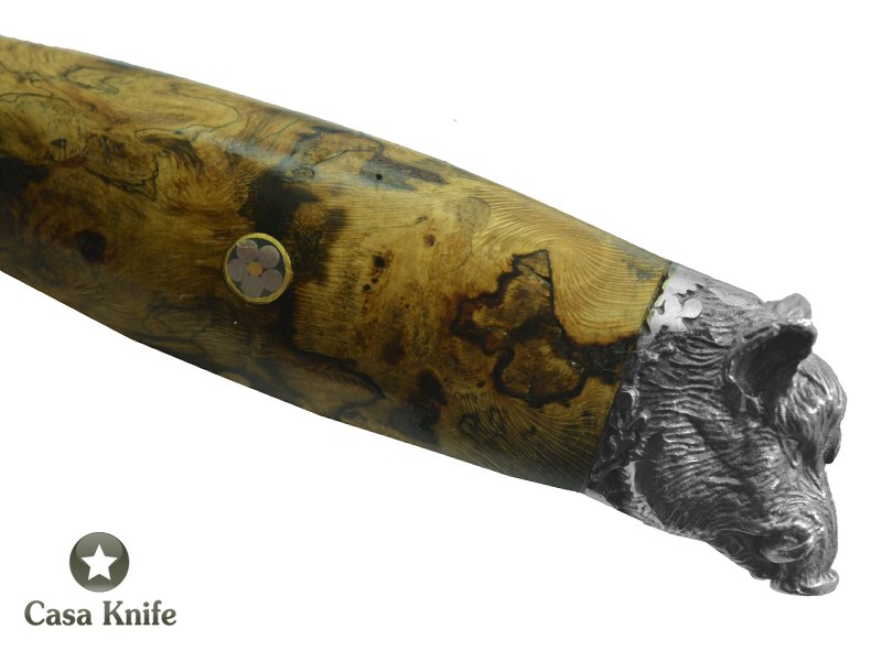 Faca Javalizeira para colecionador forjado em aço Damasco 15N20 - 1095 - 58 HCR - 288 camadas. Empunhadura em Spalted Platano, 35cm