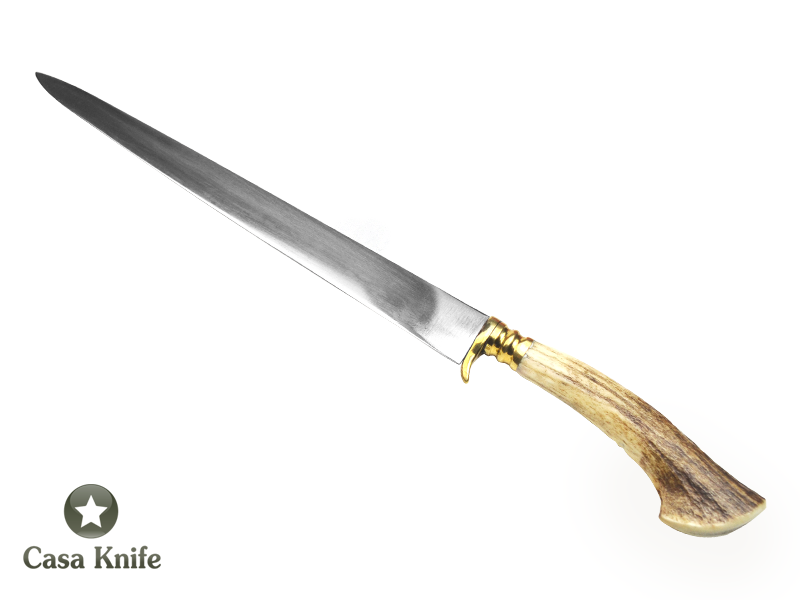 Faca Lingua de Chimango para colecionador forjado em aço 5160 ( Mola de kombi ). Empunhadura em Chifre de Cervo Esculpido, 42 cm