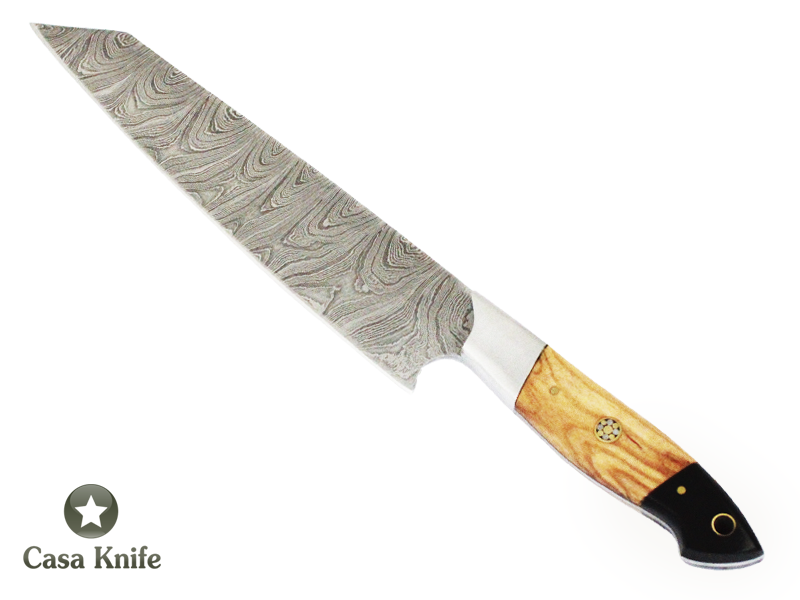 Faca Master Cheff para colecionador forjada em aço damasco, com Empunhadura em Madeira de Oliveira estabilizada e Chifre de Boi, 31 cm