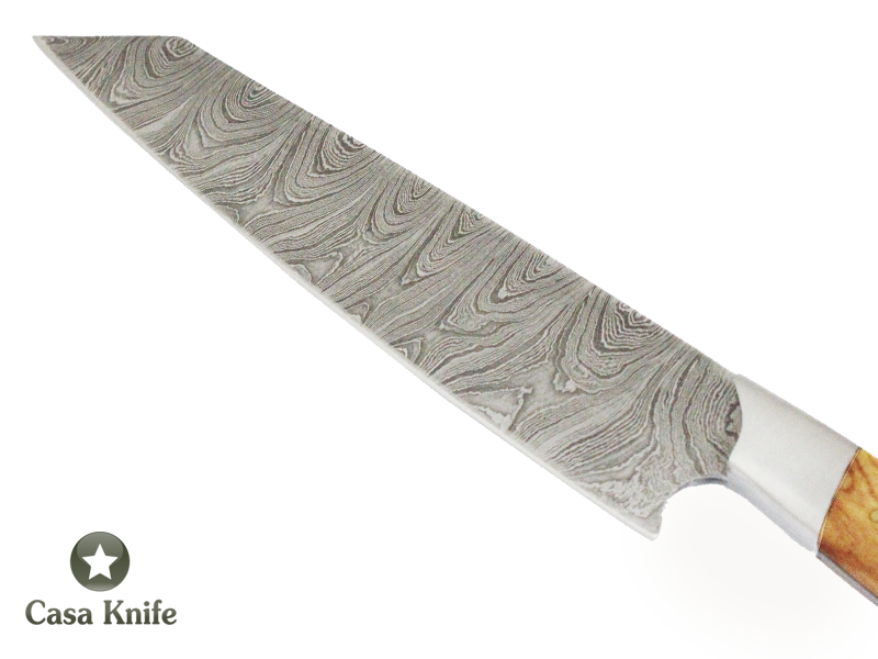 Faca Master Cheff para colecionador forjada em aço damasco, com Empunhadura em Madeira de Oliveira estabilizada e Chifre de Boi, 31 cm