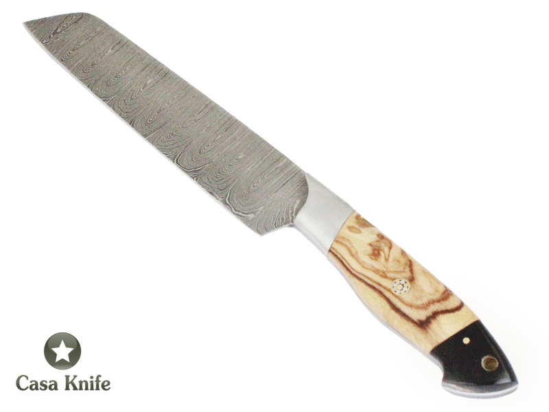 Faca Master Cheff para colecionador forjada em aço damasco, com Empunhadura em Madeira de Oliveira estabilizada e Chifre de Boi. 32 cm
