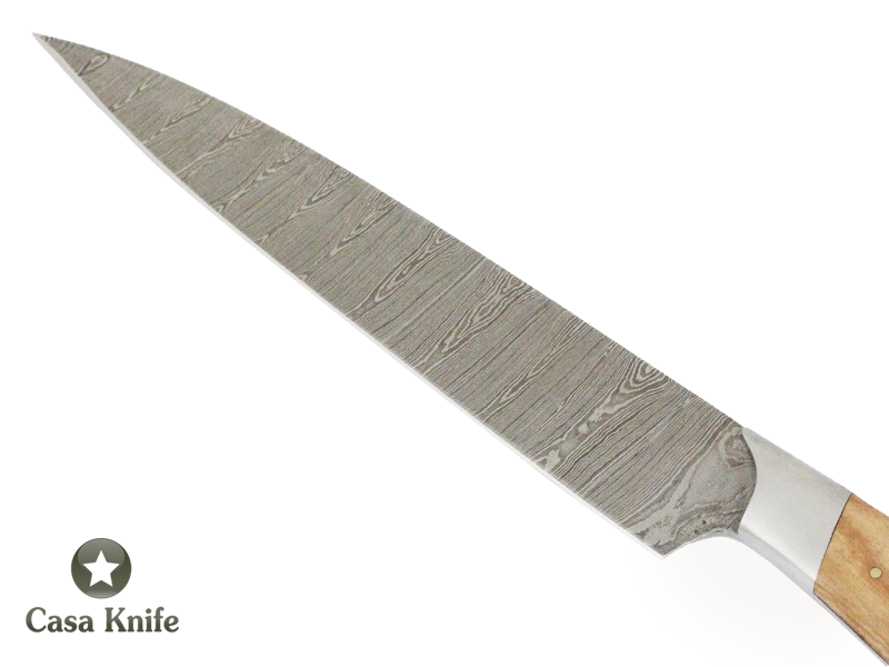 Faca Master Cheff para colecionador forjada em aço damasco, com Empunhadura em Madeira de Oliveira estabilizada e Chifre de Boi. 37 cm
