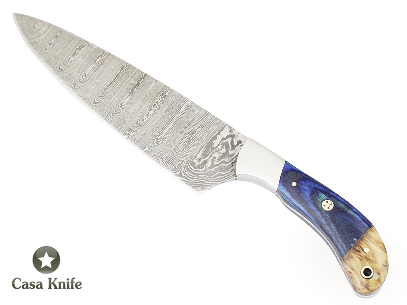 Faca Master Cheff para colecionador forjada em Aço Damasco, com Empunhadura em Pakawood e Madeira de Oliveira estabilizada. 30 cm