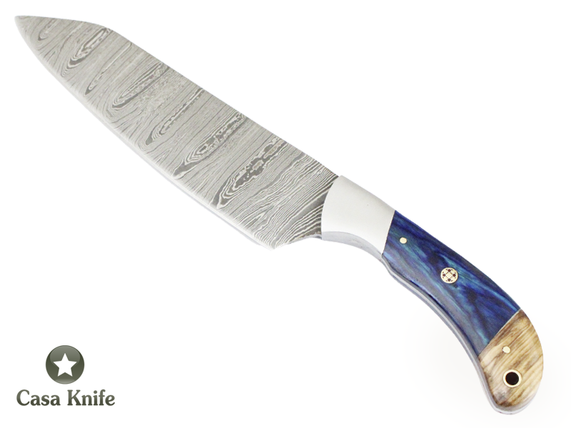 Faca Master Cheff para colecionador forjada em Aço Damasco, com Empunhadura em Pakawood e Madeira de Oliveira estabilizada. 28 cm