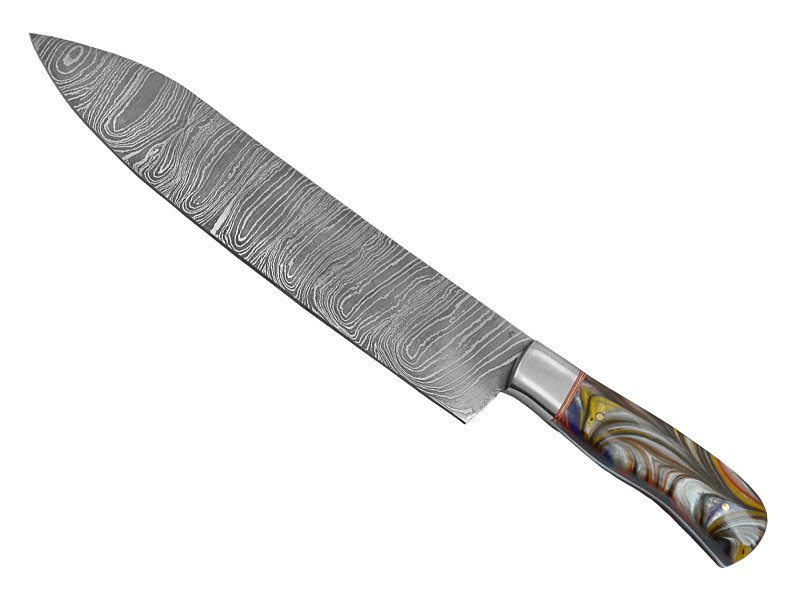 Faca Master Cheff para colecionador forjada em aço damasco. Empunhadura em resina, 34 cm