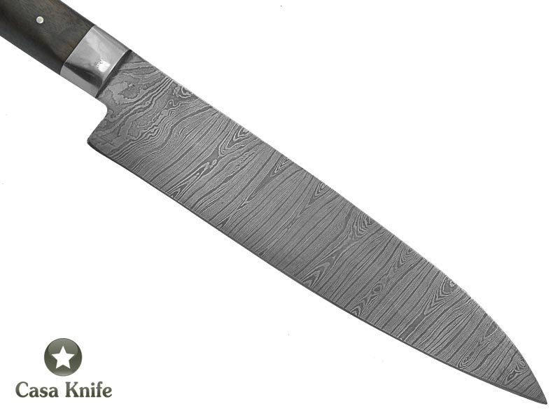 Faca Master Cheff para colecionador forjada em aço damasco. Empunhadura em canela preta, 31 cm