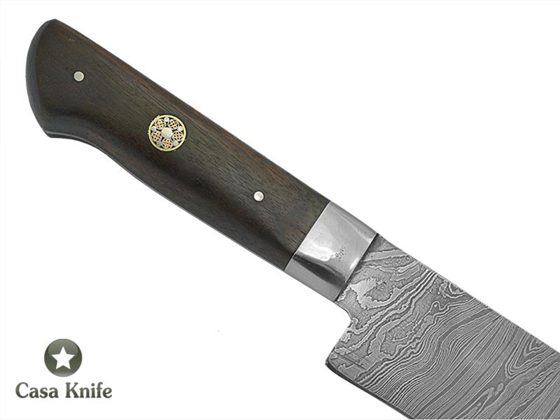 Faca Master Cheff para colecionador forjada em aço damasco. Empunhadura em canela preta, 31 cm
