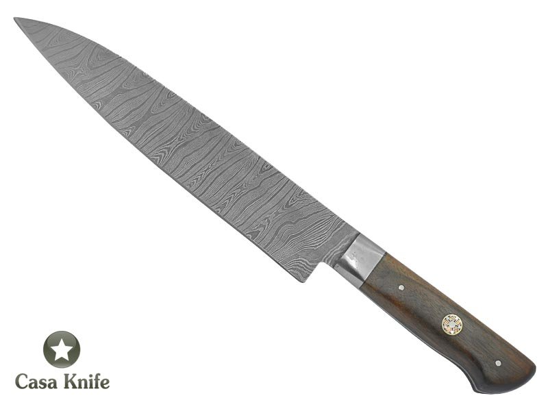 Faca Master Cheff para colecionador forjada em aço damasco. Empunhadura em canela preta, 31 cm