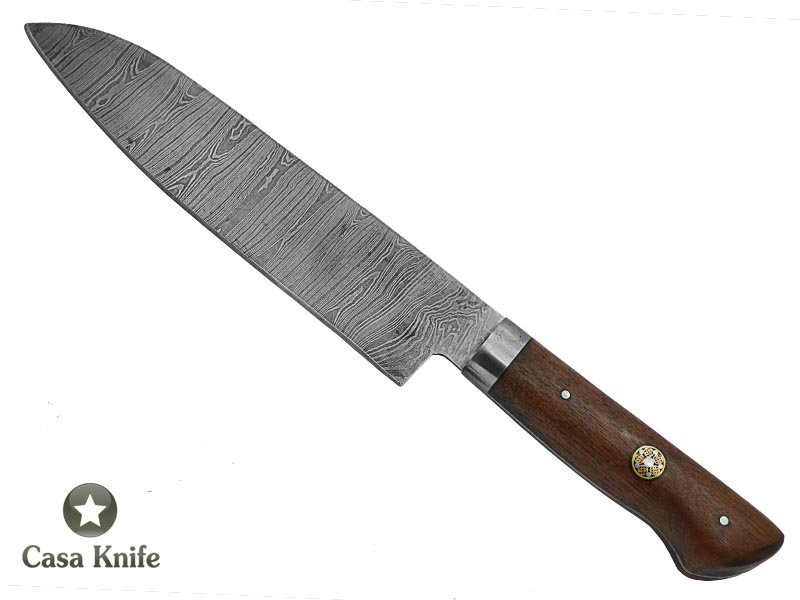 Faca Master Cheff para colecionador forjada em aço damasco. Empunhadura em madeira de parajú, 29 cm