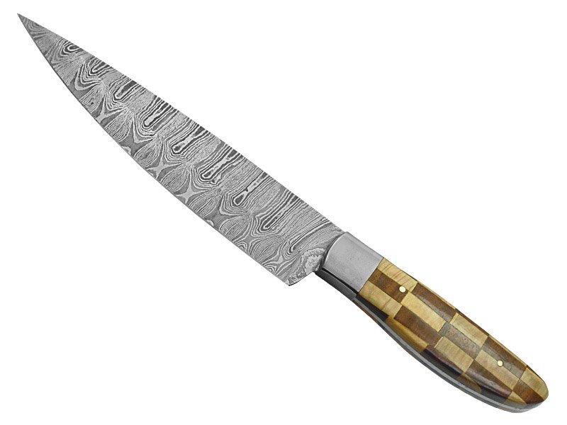 Faca Master Cheff para colecionador forjada em aço damasco. Empunhadura em marfim e nogueira, 32 cm