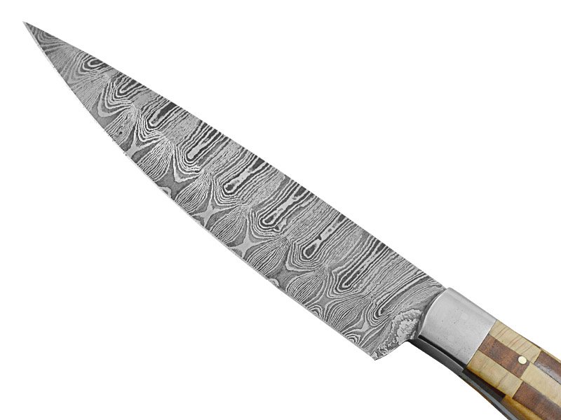 Faca Master Cheff para colecionador forjada em aço damasco. Empunhadura em marfim e nogueira, 32 cm
