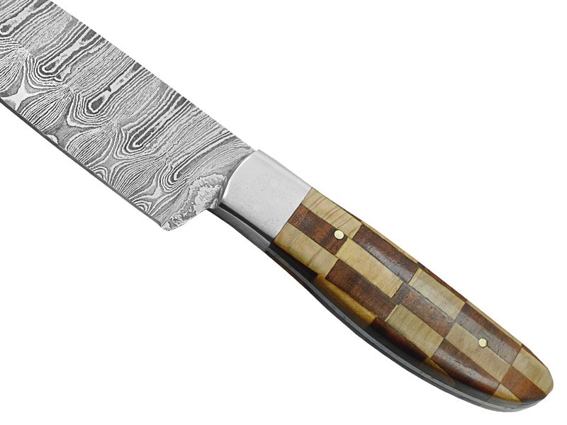 Faca Master Cheff para colecionador forjada em aço damasco. Empunhadura em marfim e nogueira, 32 cm