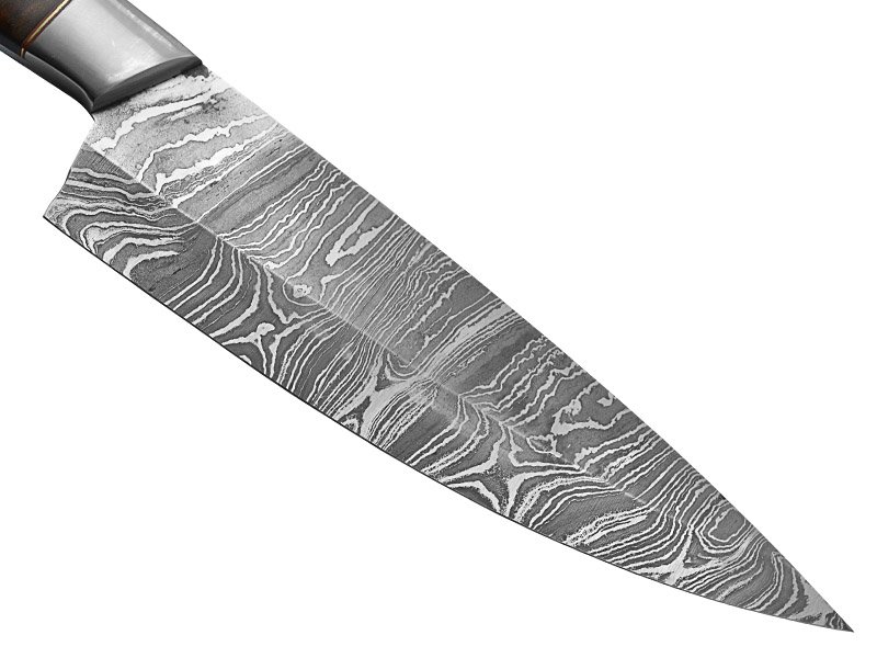 Faca Master Cheff para colecionador forjada em aço damasco. Empunhadura em rádica de roseira estabilizada, 29 cm