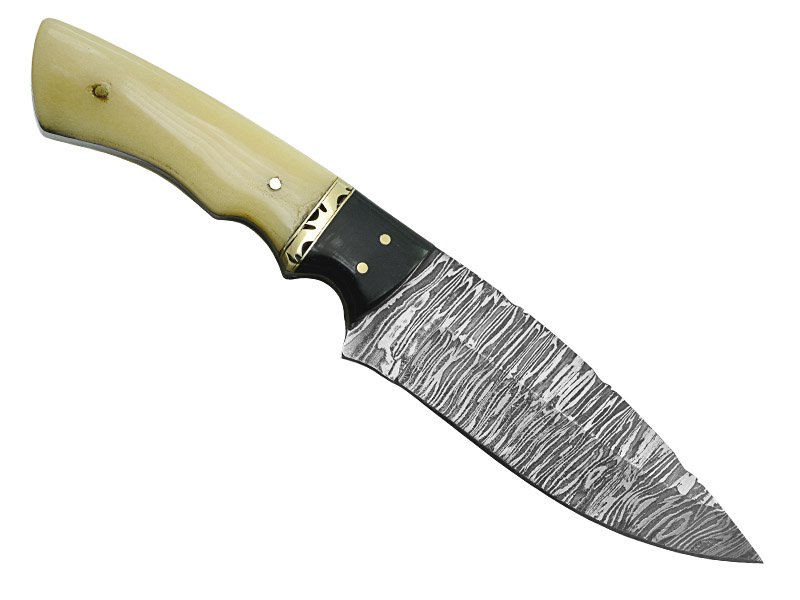Faca skinner para colecionador forjada em aço damasco. Empunhadura em osso de camelo, 23 cm