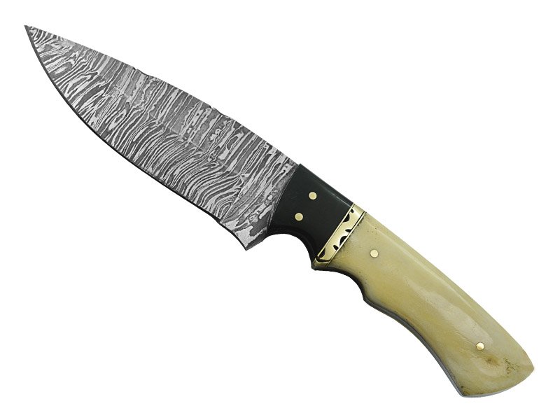 Faca skinner para colecionador forjada em aço damasco. Empunhadura em osso de camelo, 23 cm