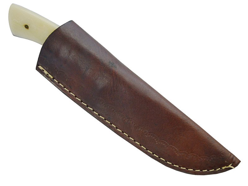 Faca skinner para colecionador forjada em aço damasco. Empunhadura em osso de camelo, 23 cm