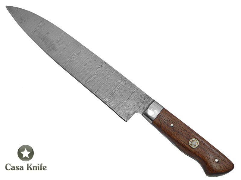 Faca Master Cheff para colecionador forjada em aço damasco. Empunhadura em peroba rosa, 31 cm