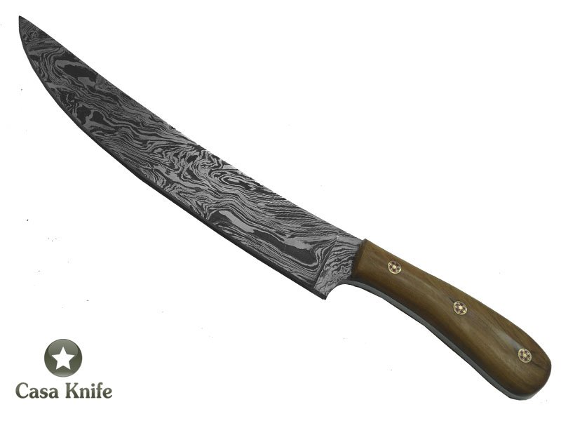 Faca para churrasco para colecionador forjado em aço damasco. Empunhadura em Oliveira, 30 cm