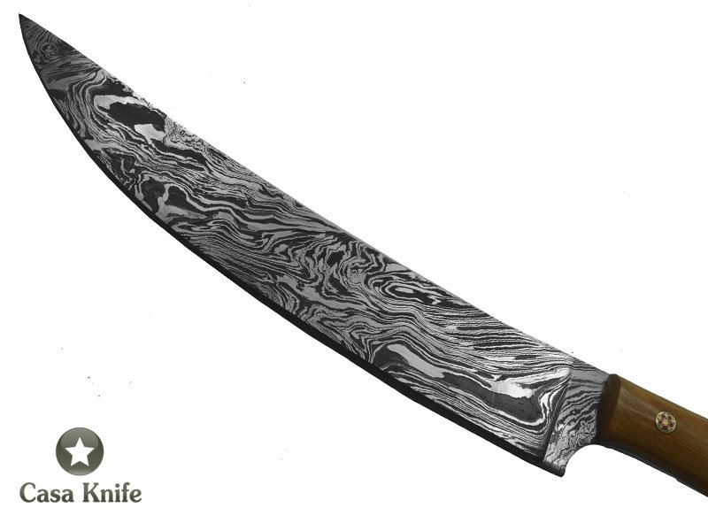 Faca para churrasco para colecionador forjado em aço damasco. Empunhadura em Oliveira, 30 cm