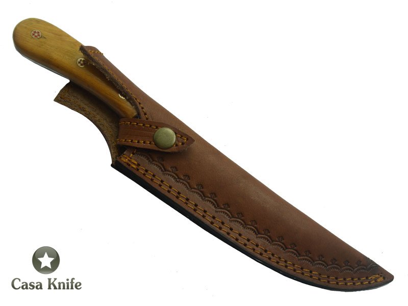 Faca para churrasco para colecionador forjado em aço damasco. Empunhadura em Oliveira, 30 cm