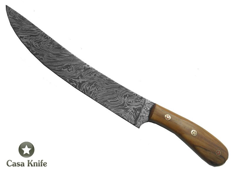 Faca para churrasco para colecionador forjado em aço damasco. Empunhadura em Oliveira, 30 cm