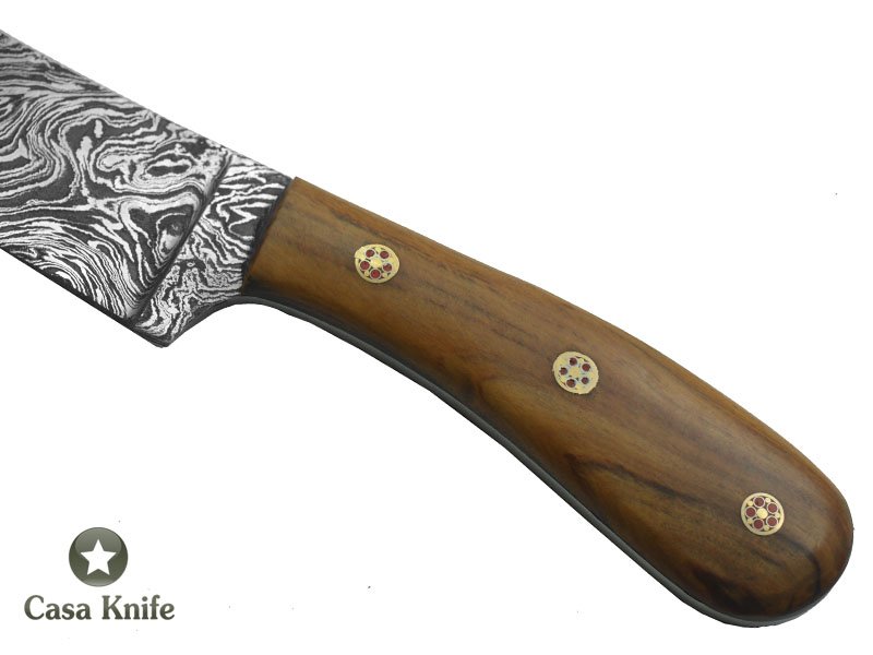 Faca para churrasco para colecionador forjado em aço damasco. Empunhadura em Oliveira, 30 cm