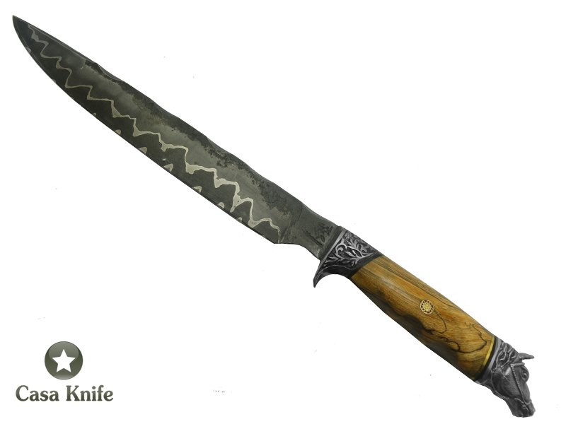 Monte Cristo faca para churrasco para colecionador forjado em aço damasco 15N20 / 5160 / 58 HCR / 80 camadas. Empunhadura em Spalted Guajuvira . 38 cm