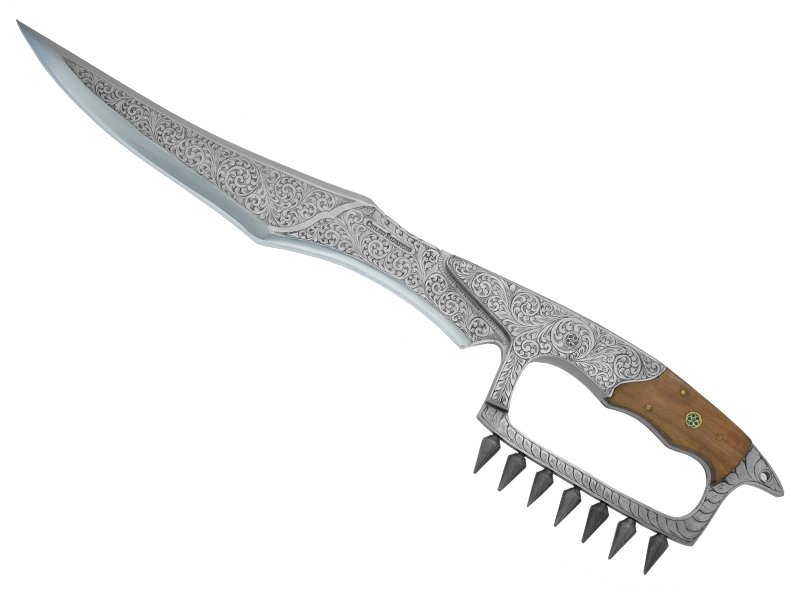 Adaga de combate full tang forjada em aço D2, com empunhadura em madeira de oliveira, 45 cm