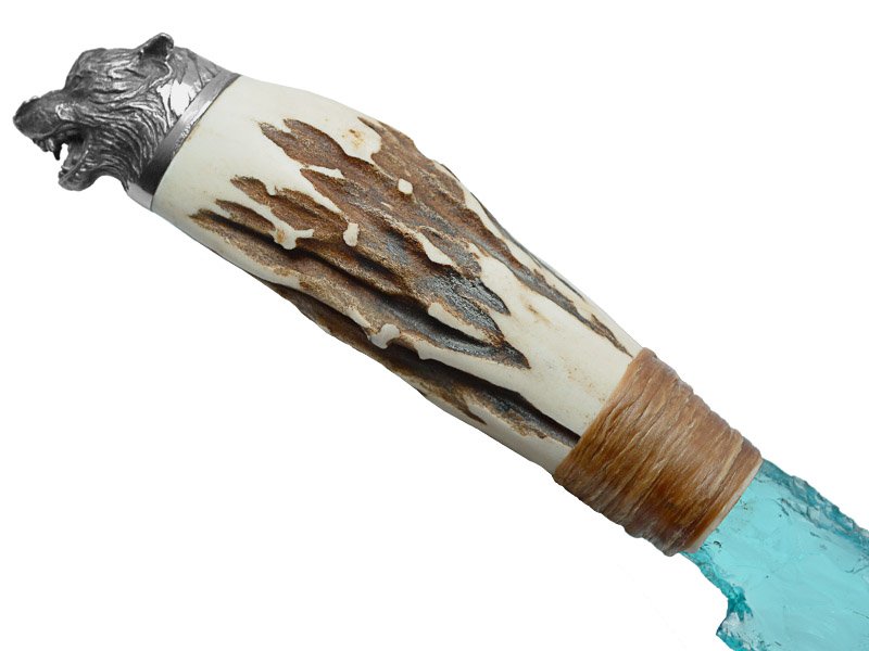 Faca para colecionador em Obsidiana. Empunhadura em chifre de cervo, 27 cm