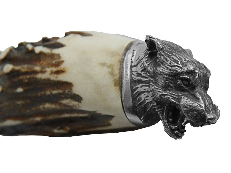 Faca para colecionador em Obsidiana. Empunhadura em chifre de cervo, 27 cm