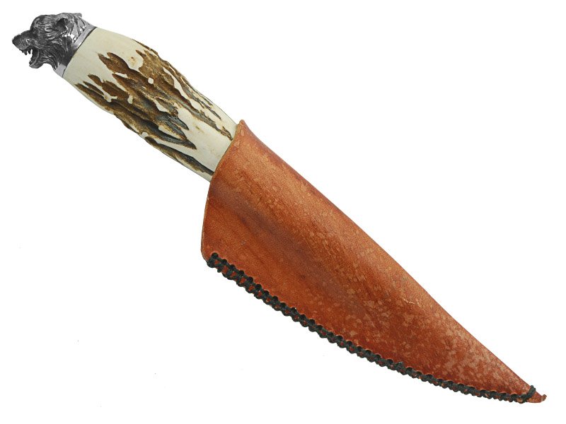Faca para colecionador em Obsidiana. Empunhadura em chifre de cervo, 27 cm