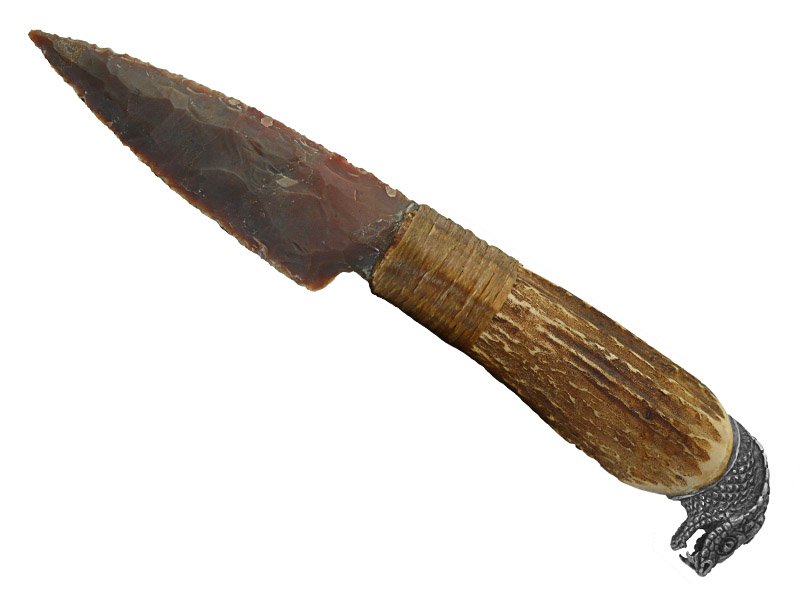 Faca para colecionador em Obsidiana. Empunhadura em chifre de cervo, 25 cm
