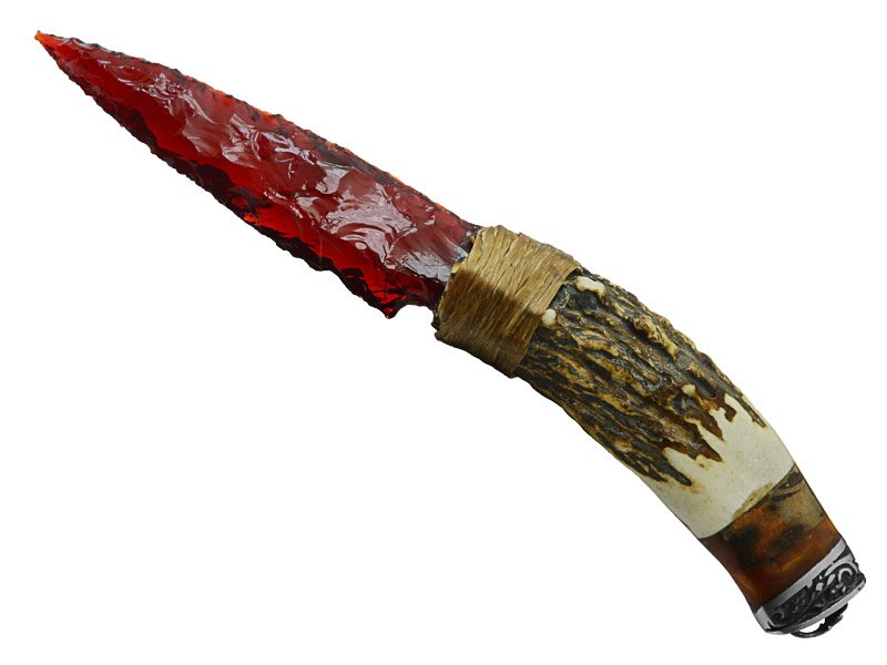 Faca para colecionador em Obsidiana. Empunhadura em chifre de cervo, 25 cm