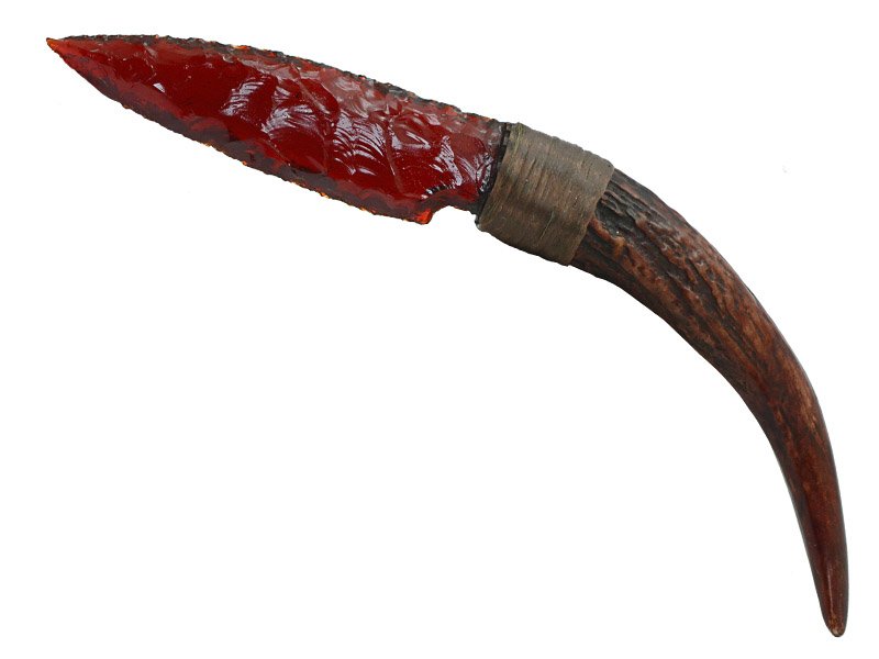 Faca para colecionador em Obsidiana. Empunhadura em chifre de cervo, 26 mm