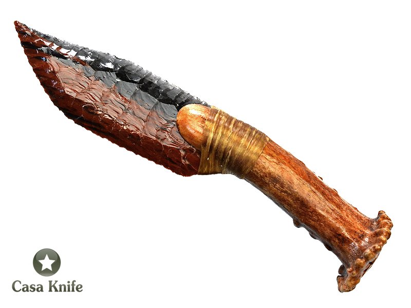 Faca para colecionador em Obsidiana com empunhadura em chifre de cervo, 14 cm