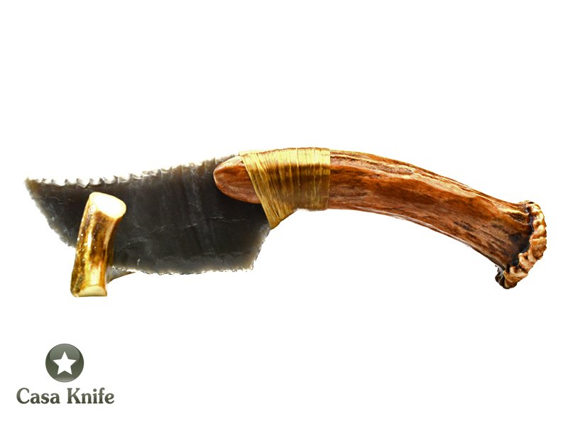 Faca para colecionador em Obsidiana com empunhadura em chifre de cervo, 17 cm