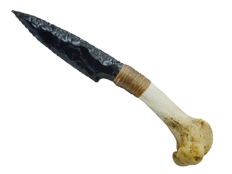 Faca para colecionador em Obsidiana. Empunhadura em chifre de cabrito, 27 cm