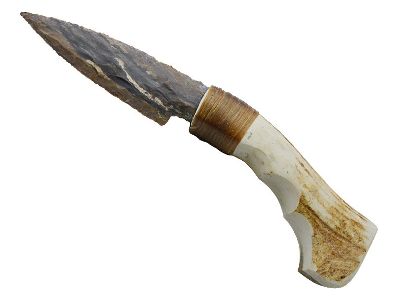 Faca para colecionador em Obsidiana. Empunhadura em chifre de cervo, 29 cm