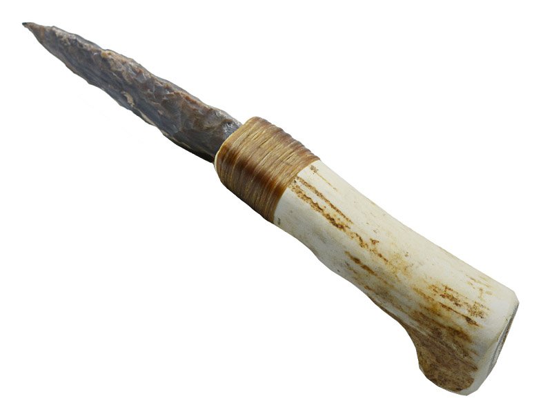 Faca para colecionador em Obsidiana. Empunhadura em chifre de cervo, 29 cm