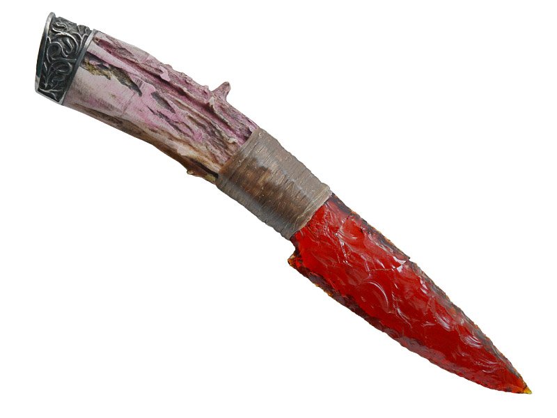 Faca para colecionador em Obsidiana. Empunhadura em chifre de cervo, 25 cm