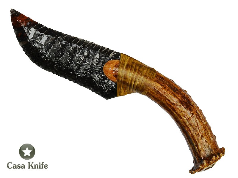 Faca para colecionador em Obsidiana Negra com empunhadura em chifre de cervo, 18 cm